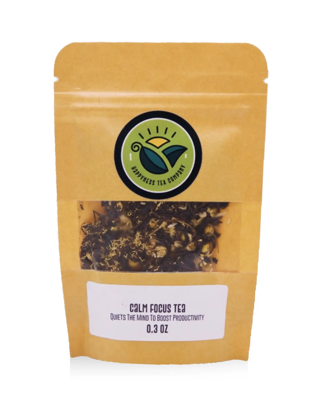 Happyness Tea Company Calm Focus chamomile black tea package with black tea, chicory, and chamomile