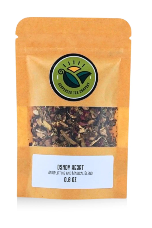 Happyness Tea Company Dandy Heart antioxidant herbal tea package with hibiscus, ginger, dandelion leaf, hawthorn, licorice root, and rose