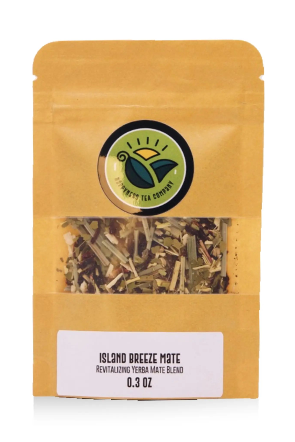 Happyness Tea Company Island Breeze tropical yerba mate tea package with lemongrass, hibiscus, eleuthero, mate, and stevia.