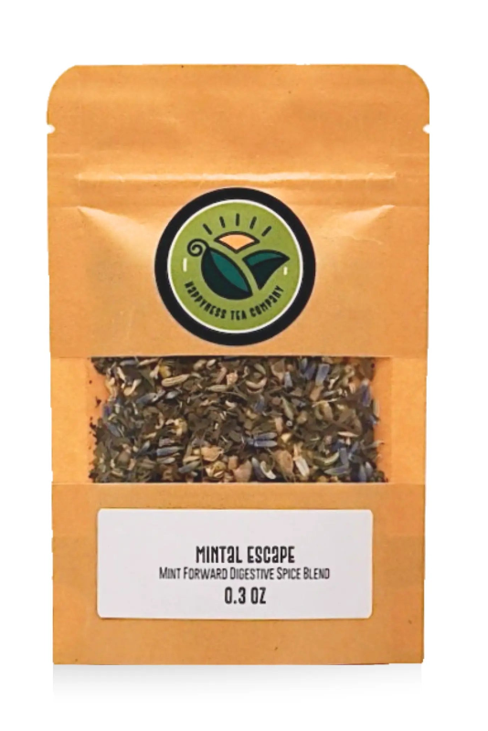 Happyness Tea Company Mintal Escape digestive tea package with peppermint, spearmint, fennel, ginger, chamomile, lavender, and licorice root