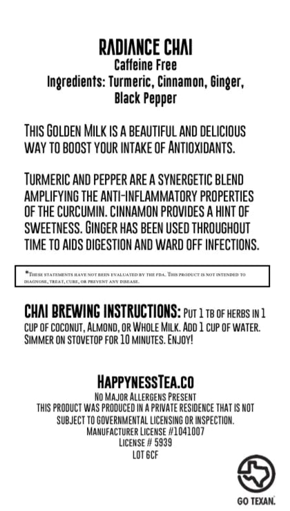 Radiance Chai - Golden Milk Chai Happyness Tea Company