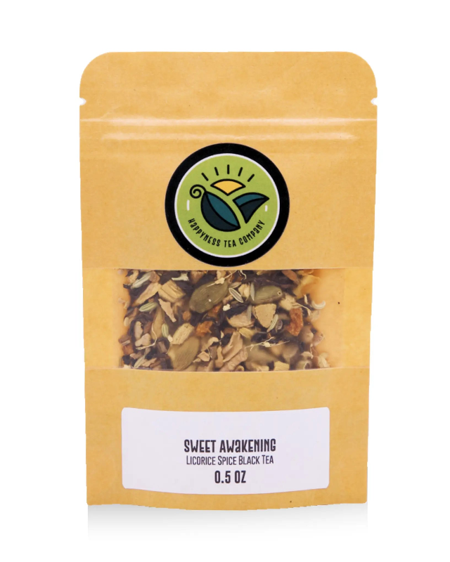 Happyness Tea Company Sweet Awakening licorice spice black tea package with black tea, licorice, cinnamon, ginger, cardamom, anise, cloves, and orange peel.