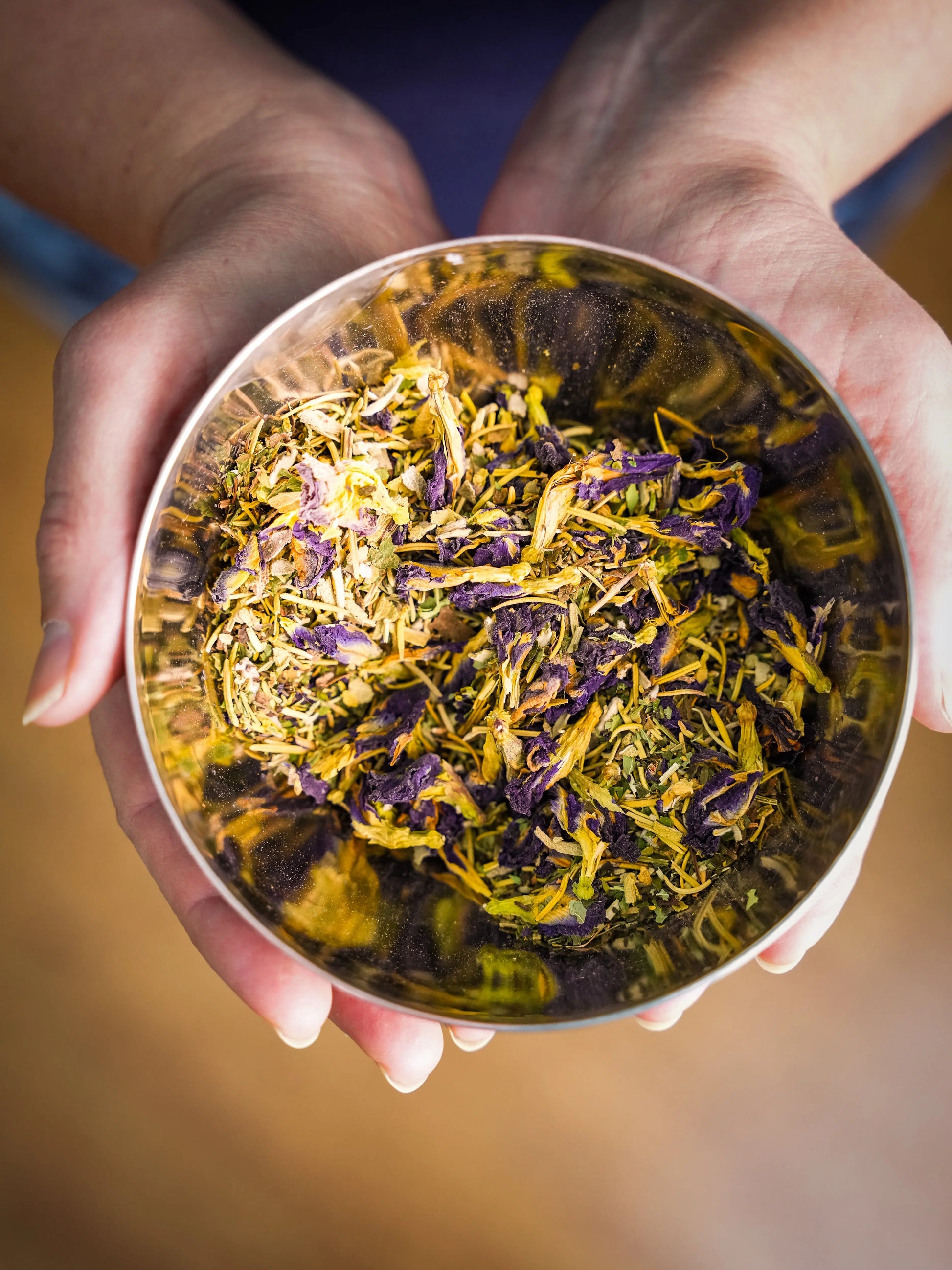 Custom loose leaf tea blend in stainless steel bowl