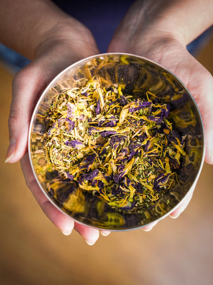 Custom loose leaf tea blend in stainless steel bowl