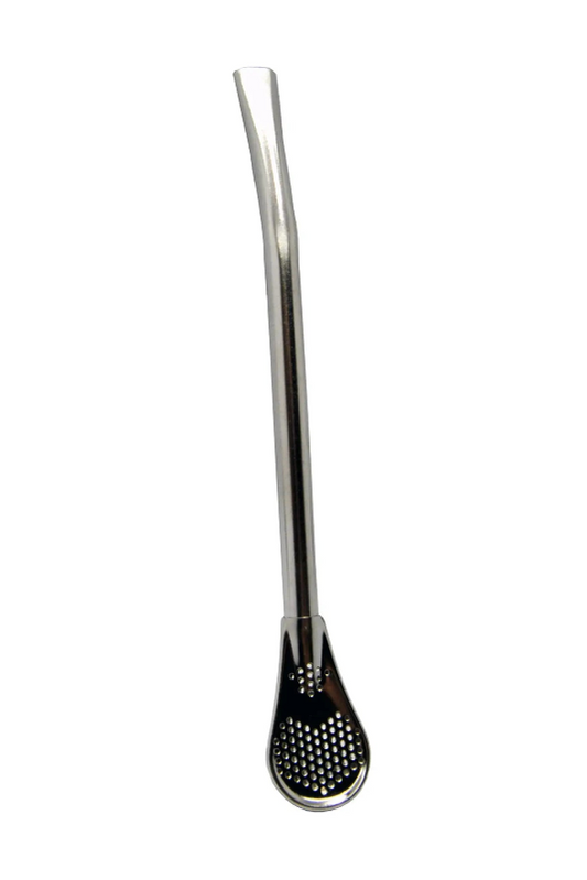 Stainless steel bombilla yerba mate straw for sipping loose-leaf tea with built-in filter.