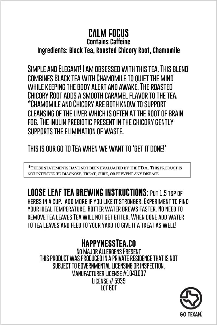 Calm Focus - Chamomile Black Tea Happyness Tea Company