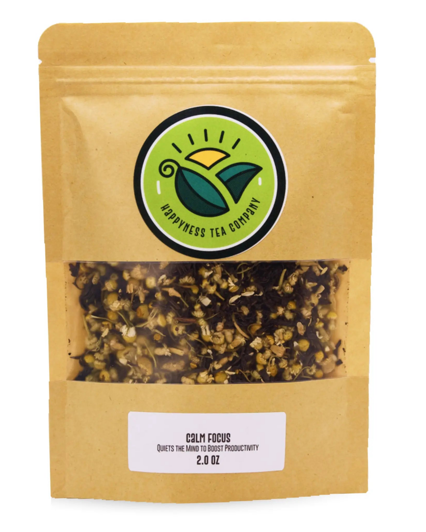 Happyness Tea Company Calm Focus chamomile black tea package with black tea, chicory, and chamomile