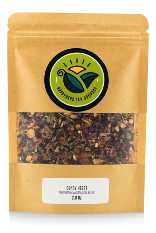 Happyness Tea Company Dandy Heart antioxidant herbal tea package with hibiscus, ginger, dandelion leaf, hawthorn, licorice root, and rose