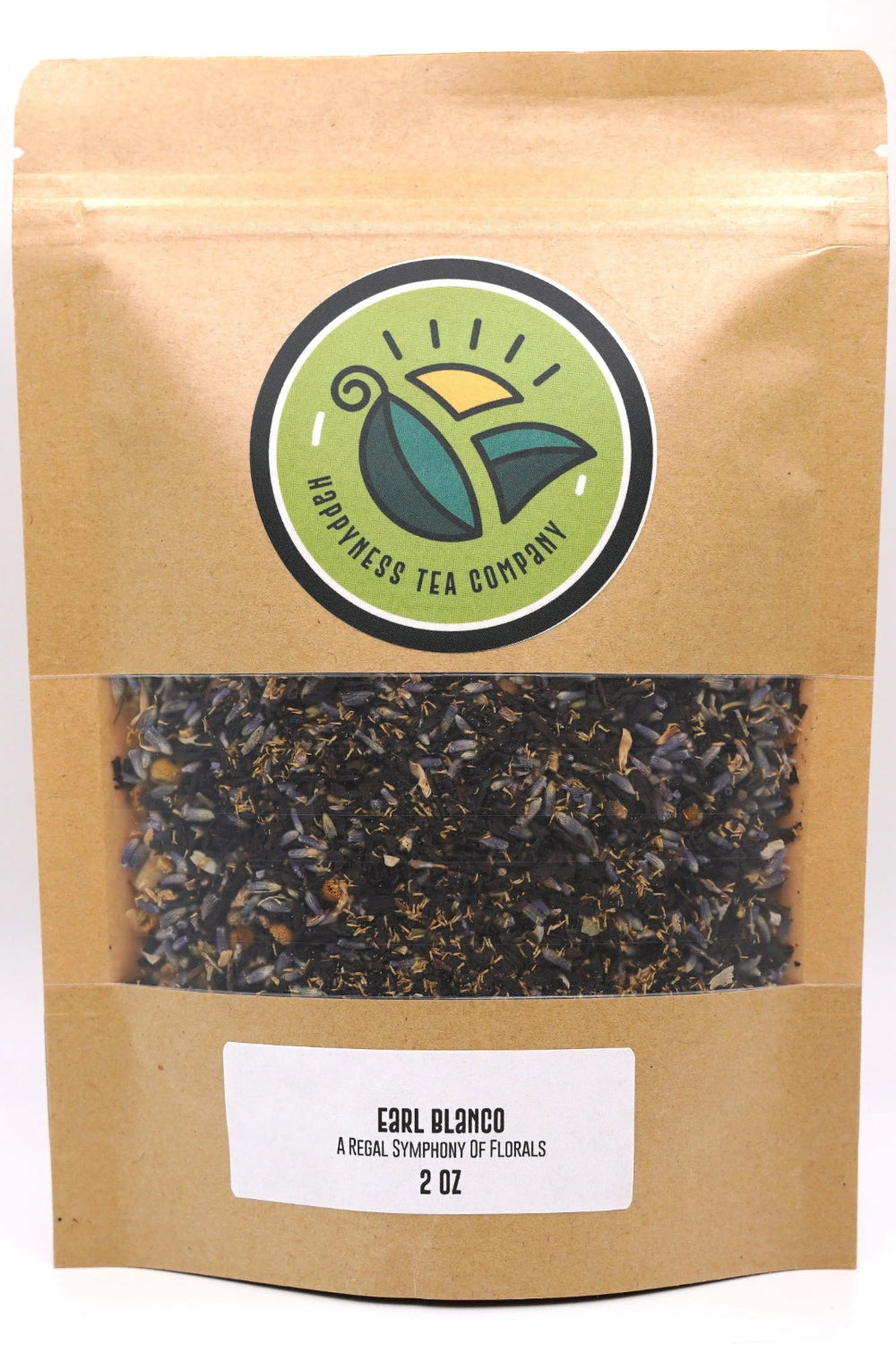 Happyness Tea Company Earl Blanco floral Earl Grey tea package with lavender and chamomile.