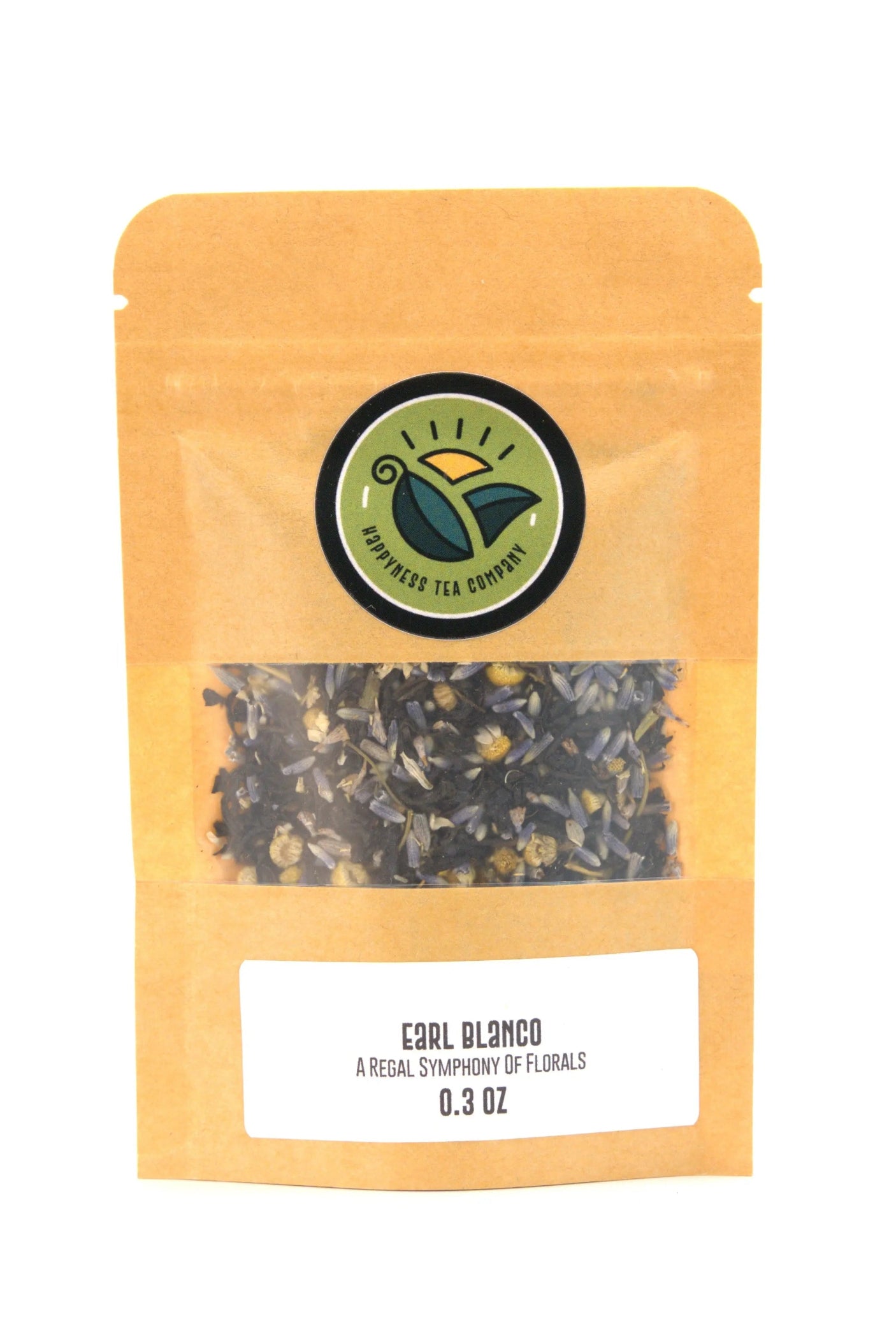 Happyness Tea Company Earl Blanco floral Earl Grey tea package with lavender and chamomile.