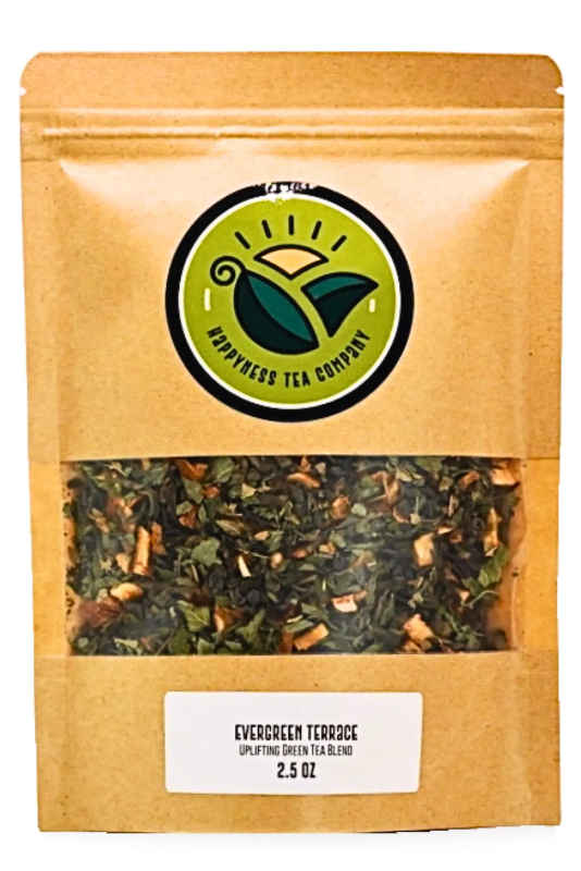 Happyness Tea Company Evergreen Terrace citrus green tea package with jasmine, lemon verbena, lemon balm, and orange peel.