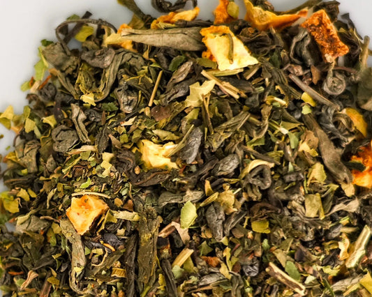 Loose-leaf Evergreen Terrace citrus green tea blend with jasmine, orange peel, lemon verbena, and lemon balm