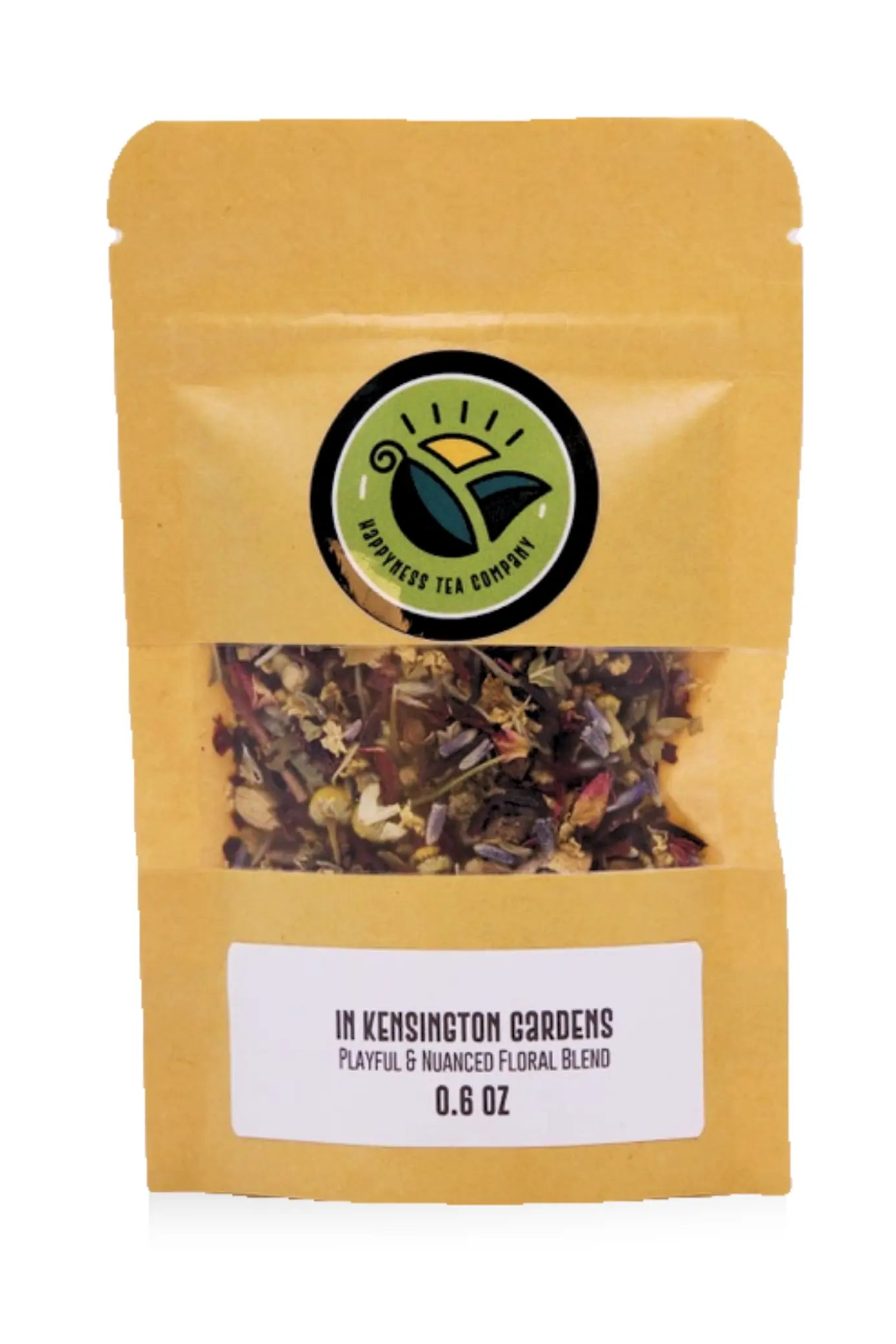 Happyness Tea Company In Kensington Gardens floral chai package with hibiscus, clove, elderflower, rose, chamomile, and lavender