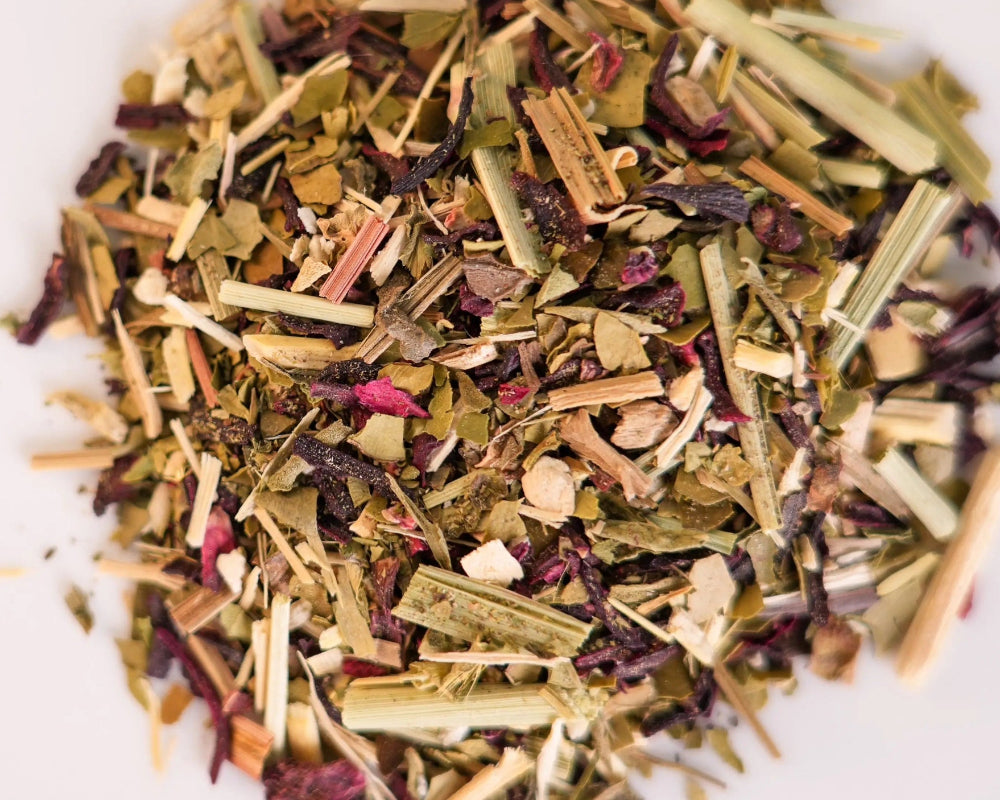 Loose-leaf Island Breeze tropical yerba mate tea blend with lemongrass, hibiscus, eleuthero, yerba mate, and stevia.
