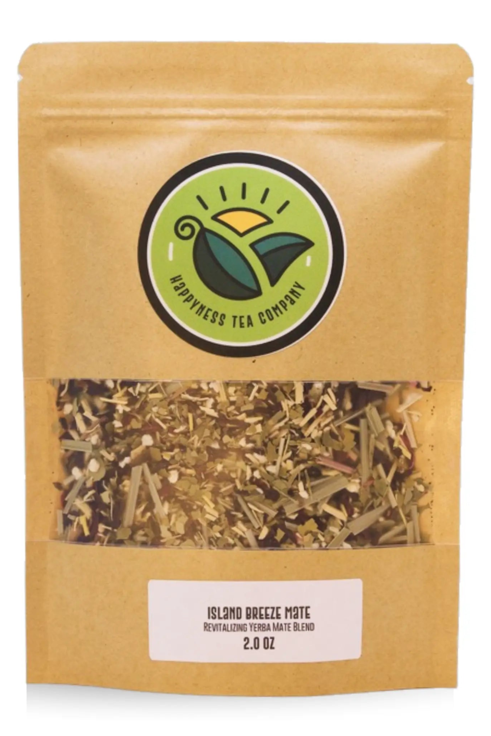 Happyness Tea Company Island Breeze tropical yerba mate tea package with lemongrass, hibiscus, eleuthero, mate, and stevia.