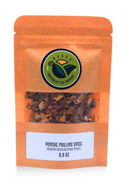 Ponche mulling spice and sangria starter package with orange peel, cinnamon, clove, cardamom, hibiscus, rose, elderflower, chamomile, damiana, and anise