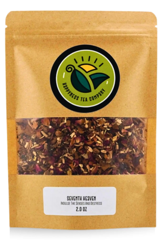 Seventh Heaven Herbal Tea package featuring a calming adaptogen tea, blend of ashwagandha, cinnamon, tulsi, rose, licorice root, and hibiscus. 