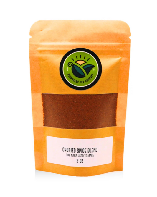 Happyness Tea Company chorizo spice mix package with dried chiles, cumin, garlic, sage, and cinnamon