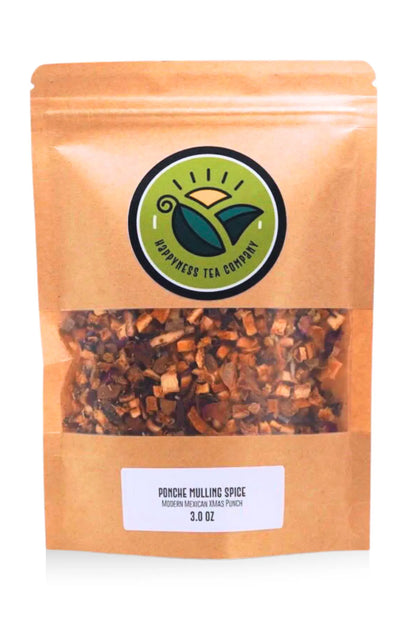Ponche packaged blend Mulling Spice  and Sangria starter featuring orange peel, cinnamon, clove, cardamom, hibiscus, and floral herbs.