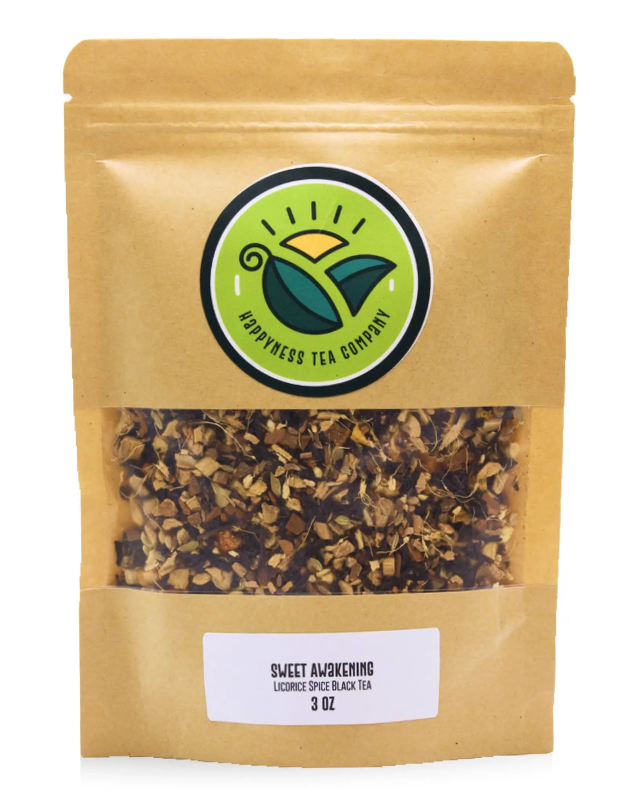 Happyness Tea Company Sweet Awakening licorice spice black tea package with black tea, licorice, cinnamon, ginger, cardamom, anise, cloves, and orange peel.