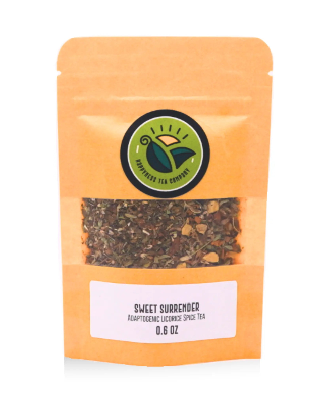 Happyness Tea Company Sweet Surrender spiced nighttime tea package with tulsi, catnip, licorice root, orange peel, cardamom, anise, and cloves