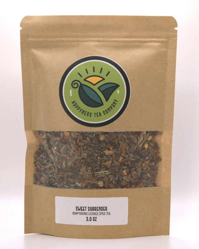 Happyness Tea Company Sweet Surrender spiced nighttime tea package with tulsi, catnip, licorice root, orange peel, cardamom, anise, and cloves