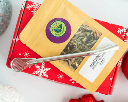 Tea sampler box featuring an assortment of four loose-leaf teas in individual packages.