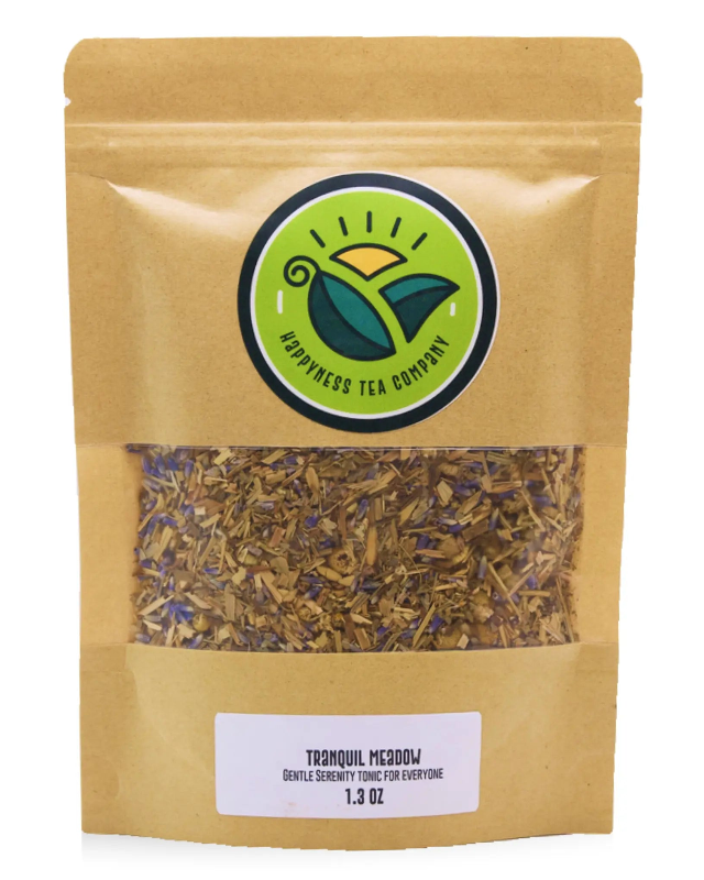 Happyness Tea Company Tranquil Meadow chamomile oat straw tea package with chamomile, oat straw, and lady’s mantle.